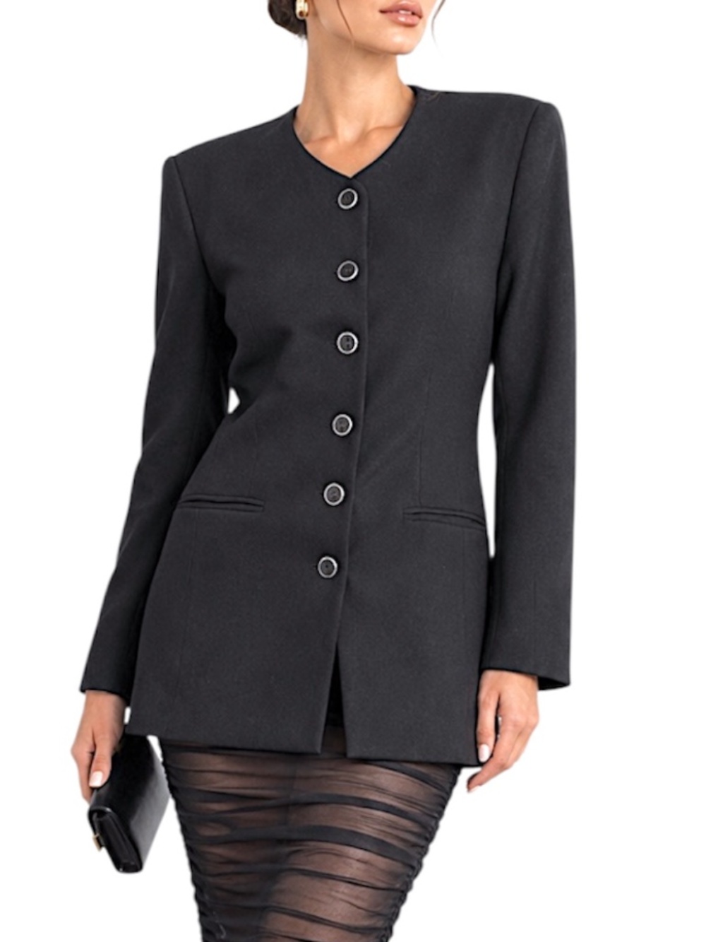 VTG 80s 90s pure wool black longline minimalist quiet luxury blazer jacket 12